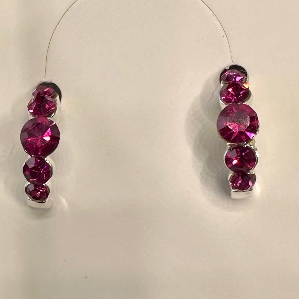 Fuchsia Crystal Semi Hoop Stud Earrings Silver 13mm Hypoallergenic